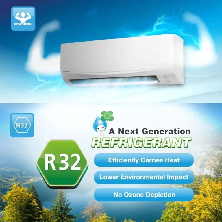 Materi produk Daikin yang menampilkan informasi refrigeran R32