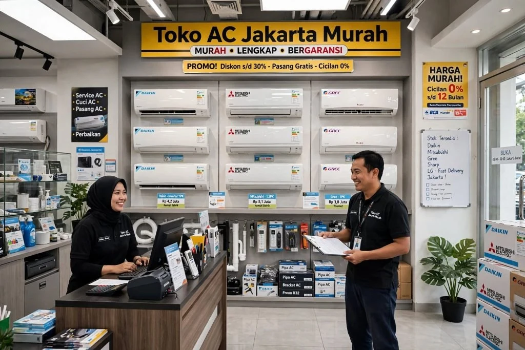 Interior showroom dengan beberapa unit AC dipajang pada dinding